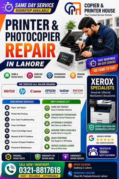 Xerox VersaLink, HP, Canon, Epson Ricoh Printer Repair in Lahore