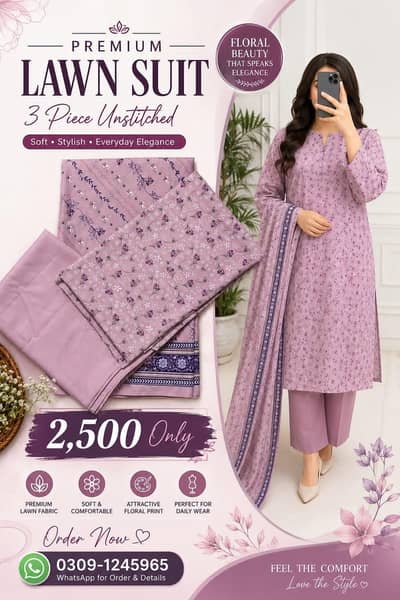 Premium Lawn Suit 3 Piece Unstitched| Soft Summer Lawn| Rs. 2,499