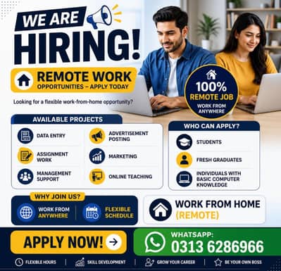 Data Entry Jobs , Work from Home , Online Jobs , Male & Female Staff