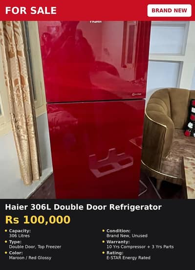 Haier 306L Double Door Refrigerator – Brand New (Maroon Red)