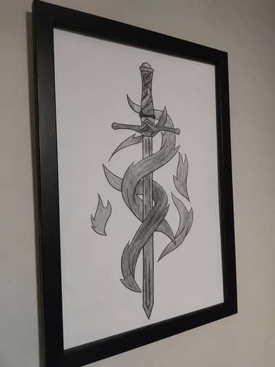 Original Handmade Fantasy Sword Pencil Sketch – Framed Wall Art