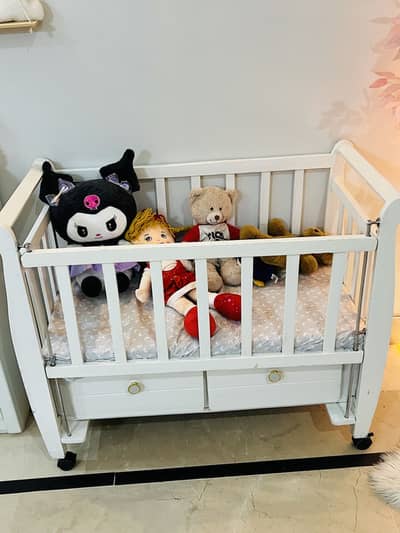  Premium White Wooden Baby Cot with Mattress – Like New
