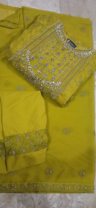 Fancy Heavy Embroidered 3-Piece Mustard / Olive Green Suit - Size L
