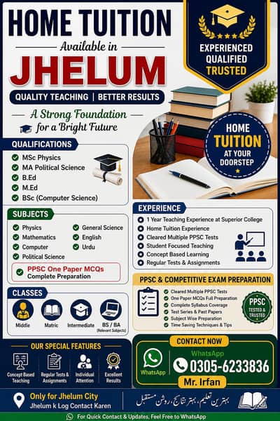 Experienced Home Tutor in Jhelum | Math Physics Computer Ppsc Exams