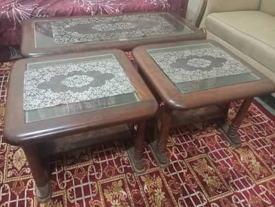 Solid Wooden Center Table Set with Glass Top (3-Piece) – Excellent