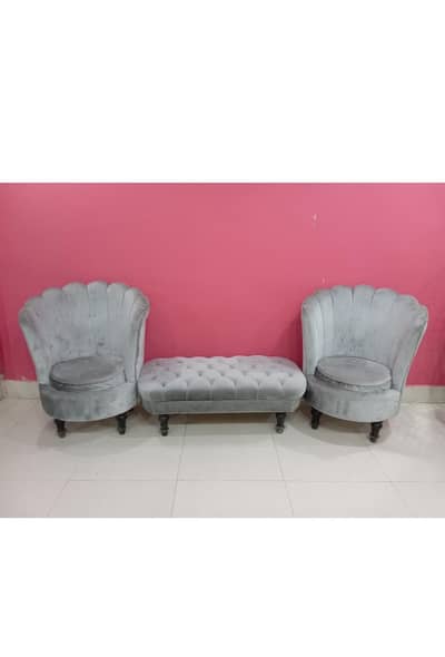 Two valvet chair-Tufted banch set-grey chair & beanch  sell in Karachi