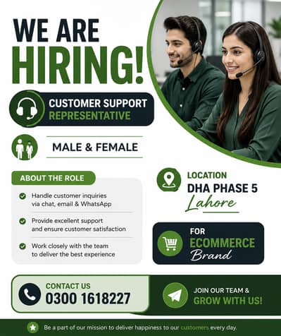 Hiring Customer Support Representative (Male & Female) – DHA Phase 5,