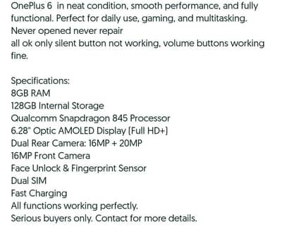 OnePlus 6 8/128 Sale & Exchange