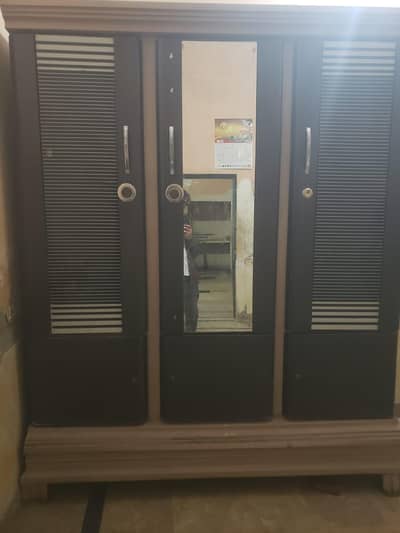 3 Door Steel Wardrobe with Mirror - Good Condition