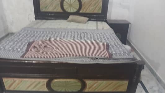 King size solid sheesham wood bed with mattress, dressing table, 2 si