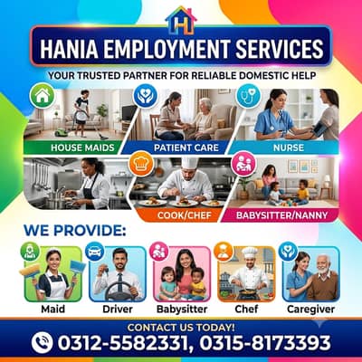 House Maid, Babysitter, Patient Care, Nanny, Nurse, Driver, Chef, Cook