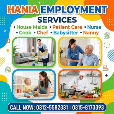 Babysitter, House maid, Cook , Nanny , Couple , Drivers ,Patient care