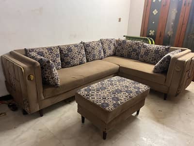 Used L Shape Sofa Set with Glass Center Table – Excellent Condition