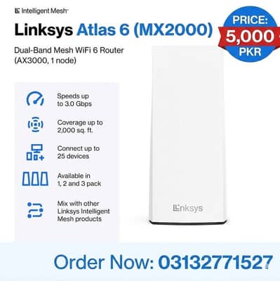 Linksys Atlas 6 (MX2000) Dual-Band Mesh WiFi 6 Router