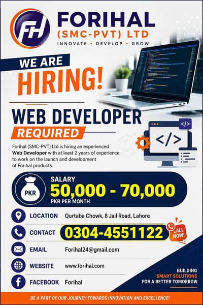 Experienced Web developers Required | Salary 50,000 to 70,000 | Lahore