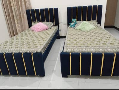 Single Beds Pair with mattress Navy Blue Velvet with Golden Lace