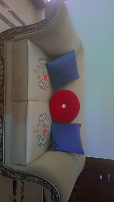 3-Piece 6 seater Sofa Set with Carved Wooden Frame & Floral Embroidery