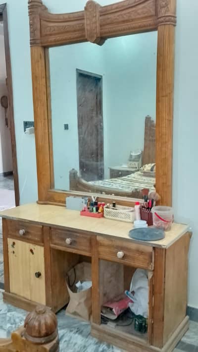 wooden bed with side tables, dressing table n stool