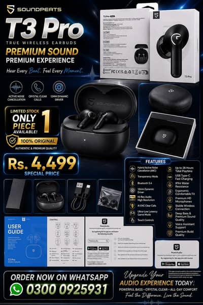 Soundpeats T3 Pro ANC Earbuds - 28H Battery - 100% Original