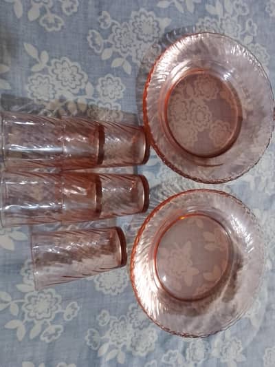 6 serving deep plates for salan. 5 water glass. made in france