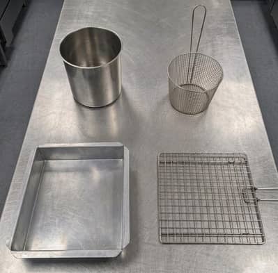 URGENT SALE: Commercial Zinger Breading Tub, Dip Basket & BBQ Grid