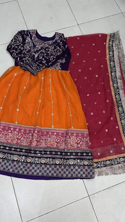 Orange & Purple Embroidered frock with Dupatta