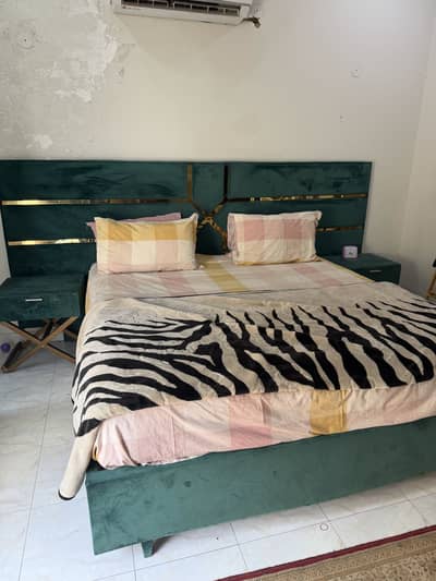 Luxury King Size Velvet Bed with 2 Side Tables