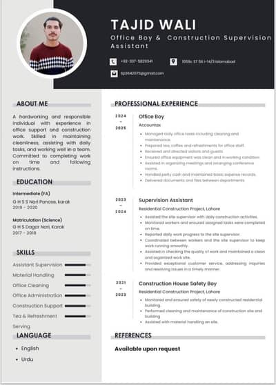 Need a Job as an Office Boy / Construction Supervision Assistant