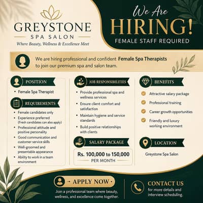 Hiring Female Staff Therapist For Spa Saloon Karachi