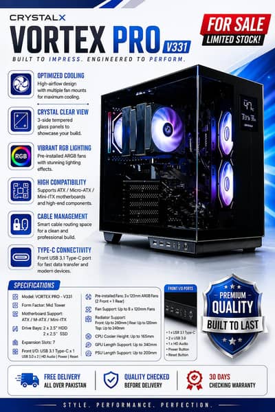RGB Gaming Case -;Crystal-X Vortex Pro V331 with Digital Display
