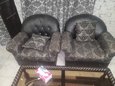 Complete 7-Seater Sofa Set (3+2+1+1) - Black & Grey Fabric/Rexine