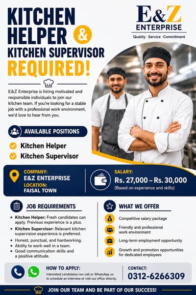 Urgent hiring kitchen helper & kitchen supervisor