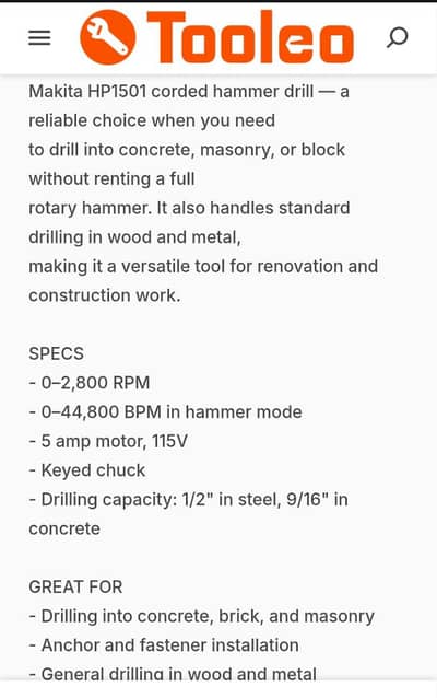 - Made In America - USA- Makita Hammer Drill Machine - 1501-
