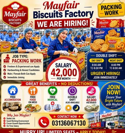 need urgent biscuits paking male and female