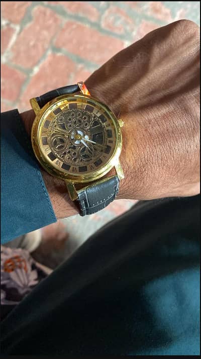 men gold leather watch Roman dial