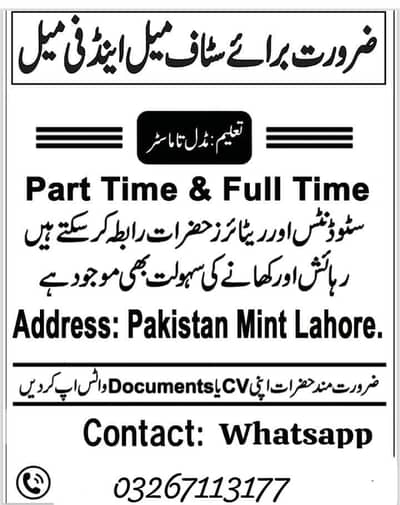 Urgent hiring sataf male and female
