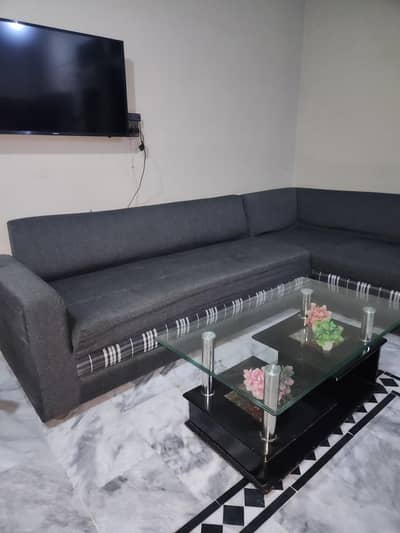 L-Shaped Sofa Set, Dining Table with Chairs, and Bookshelf