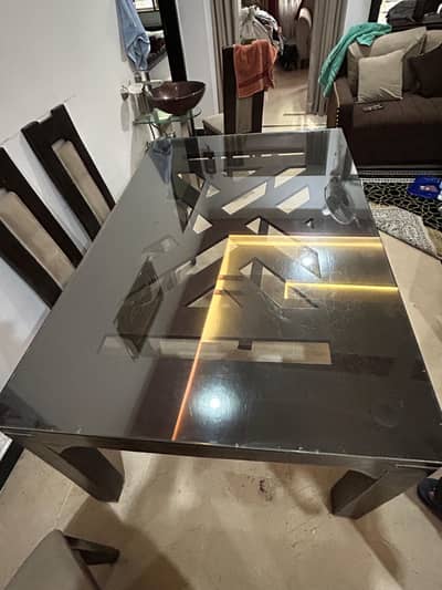 6-Seater Solid Wood Dining Table with Glass Top & Chairs