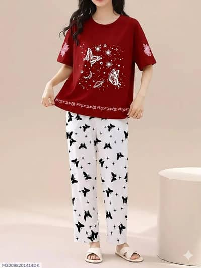 Women Butterfly Print Nightwear Set - T-Shirt & Trouser