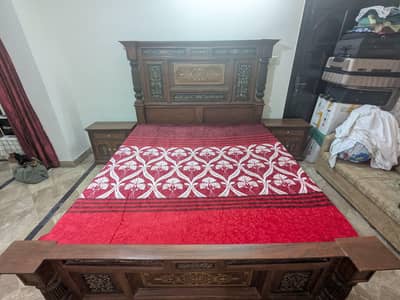 full Size wooden bed, with dressing table and mattress.