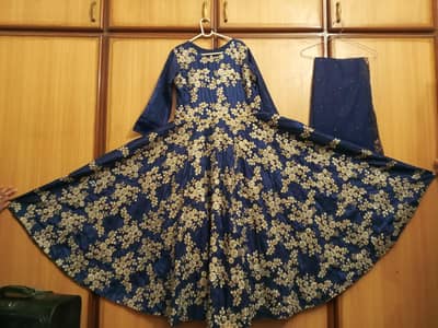 Heavy Blue Embroidered Maxi Dress with Dup