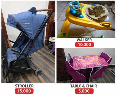Kids  & Baby Essentials Bundle | Table Set, walker & Stroller