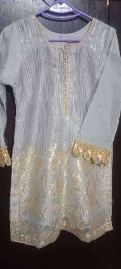 ice blue golden fancy 3pc organza suit_party wear _medium