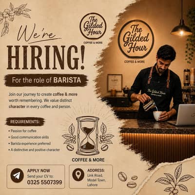 Barista wanted for a coffee cafe at model town link road lahore