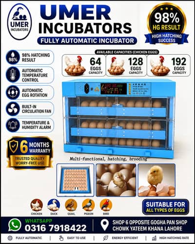 192/128/64 Eggs Automatic Incubator Dual Power With 6 Months Warranty