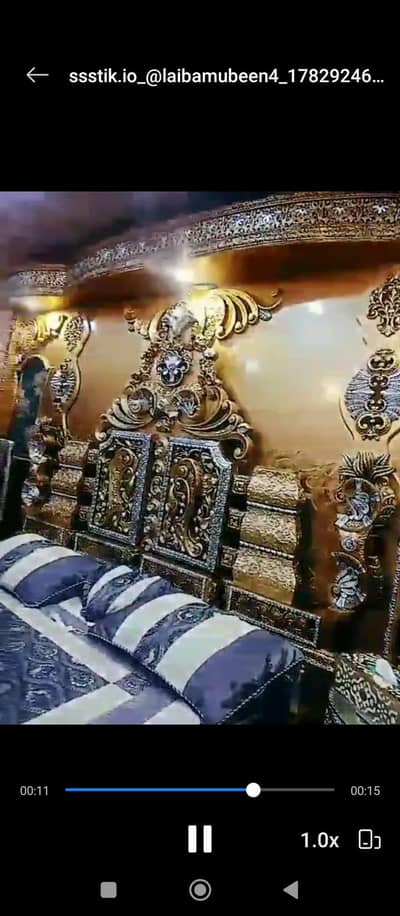 Royal golden lasani king size bed set with floor and wall.