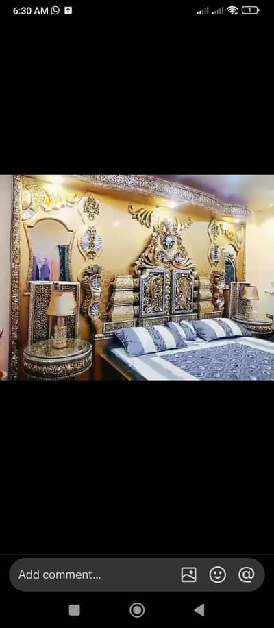 Royal golden lasani king size bed set with floor and wall.