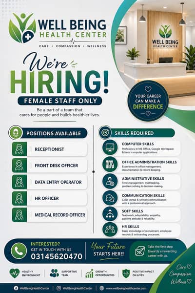 Female Staff Required: Data Entry, HR & Medical Record Officer
