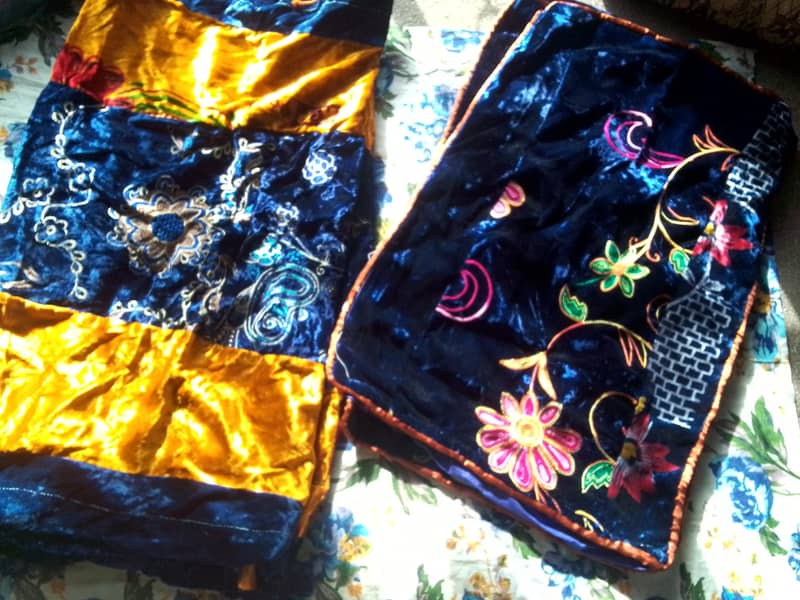 Straight & 2 Round Pillow Covers (Royal Blue & Gold Embroidery) 1