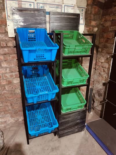 grocery store display racks and bakery counter shopping trolley